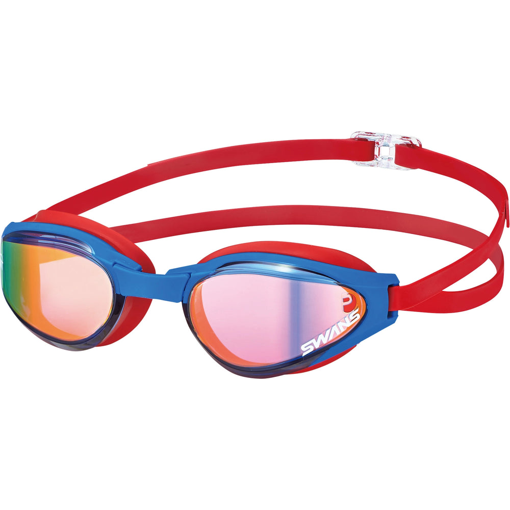 Swans swim goggles with red and blue frame and Navy Red Mirror lenses