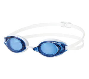 SWANS Prescription Swim goggles with blue lenses and white frame on a white background