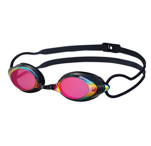 SWANS SRX swimming goggles with ruby mirrored lenses and a black strap