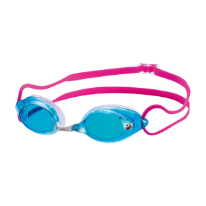SWANS SRX swimming goggles with a pink silicone strap and blue lenses.